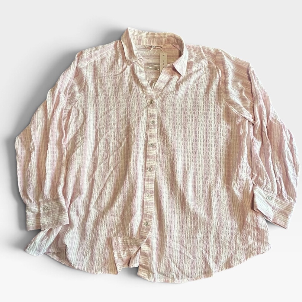 Jane + Delancey Pink White Striped Seersucker Button Down Shirt 2X NEW